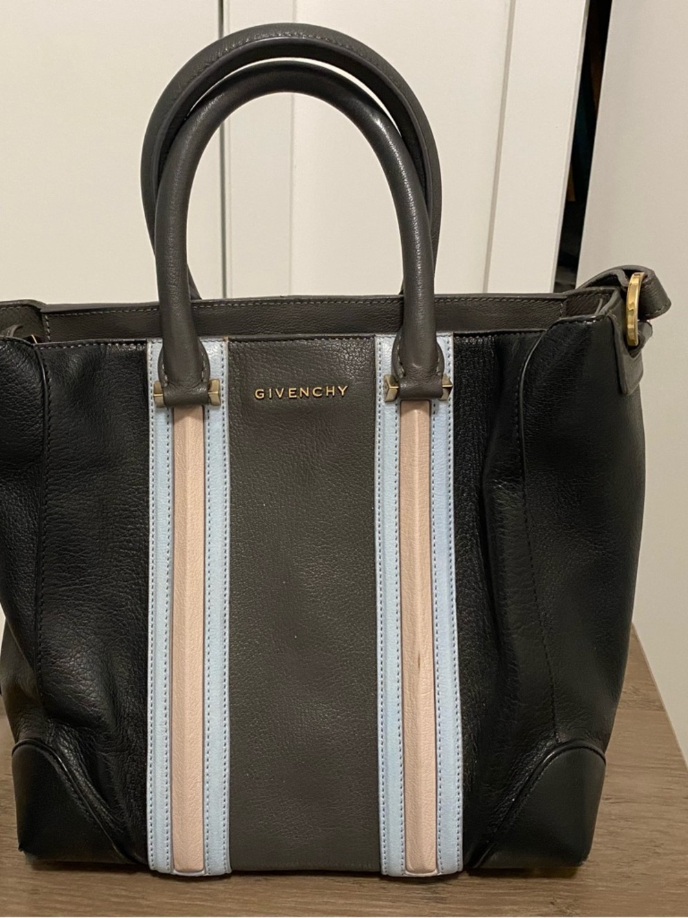 Givenchy Black Leather Tote with Gray, Light Blue and Beige Stripes